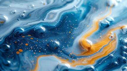 abstract of a blue and yellow swirl pattern with bubbles, in the style of conceptual painting, delicate chromatics, fluid acrylics, white background