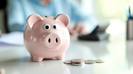 ?eramic piggy bank on a desk with a blurred background featuring a person and office equipment.