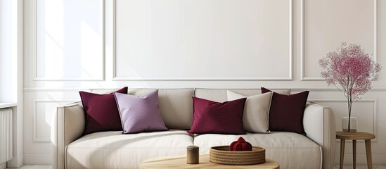 Lilac and burgundy pillows on grey settee in bright living room, with heather on coffee table and empty white wall with copy space.