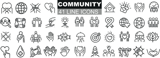Community outline icons set. Features people, globe, home, heart. Ideal for web design, user interface, infographics. Adaptable, customizable for professional visual content creation - obrazy, fototapety, plakaty