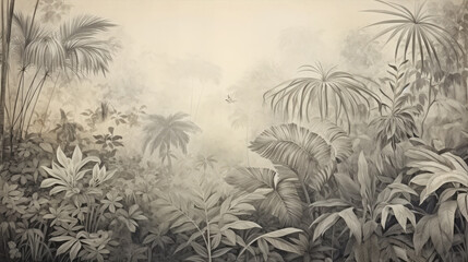 Retro mural photo wallpaper jungle leaves tropical forest vintage background graphics painting art card poster print interior - generative AI