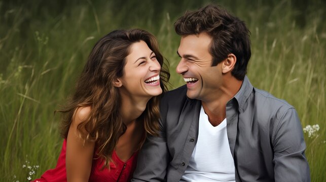 Couple sharing a joke in a plain background setting , couple, sharing a joke, plain background