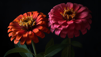 Zinnia blossoms against a dark background. 