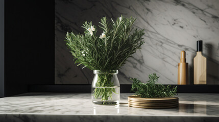 Rosemary bouquet as part of a minimalist interior setting.