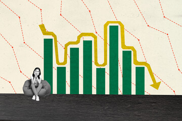 Creative poster collage of upset girl recession business statistics data graph weird freak bizarre...