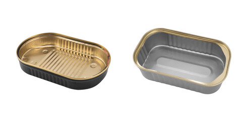 Empty opened aluminium can isolated on white background. Aluminium can background. Aluminium beverage cans. Drink  or food can. Metal containers for packaging