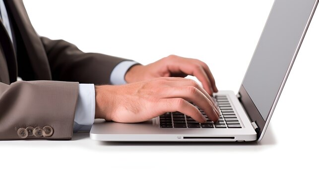 Individual typing on a laptop in a plain background setting , individual, typing, laptop, plain background