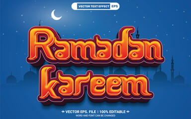 Ramadan kareem text effect vector template with shining moon and stars on blue background