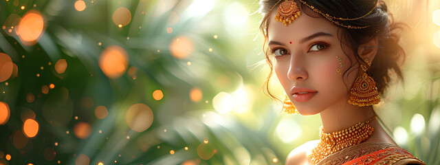 Beautiful Indian girl on jungle background. Beauty, fashion and wedding concept. For Ugadi, Gudi Padwa Hindu New Year celebration. Glamour portrait for wallpaper, banner, poster with copy space