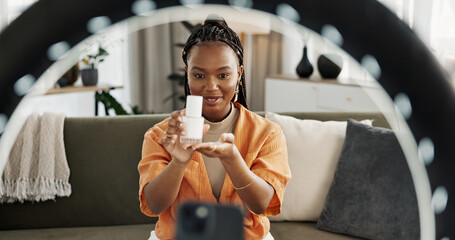 Smile, live streaming and black woman with serum for beauty and open skincare box. Happy,...