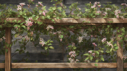 Honeysuckle climbing a wooden trellis in a rustic outdoor setting. 
