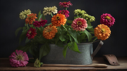 Obraz na płótnie Canvas Zinnia blossoms arranged in a vintage watering can. 