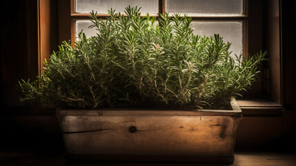 Rosemary plant in a vintage planter on a windowsill.