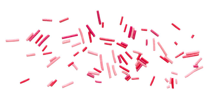 Sweet sugar pink sprinkles pile, granules scattered isolated on transparent background, png, top view