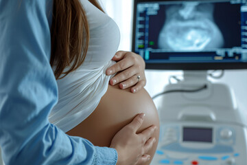 A pregnant woman whose hands caress her belly while looking at an ultrasound scan in a doctor's office
