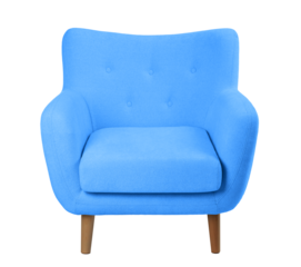 wide upholstered armchair with fabric upholstery on wooden legs in retro style, isolated on a white background
