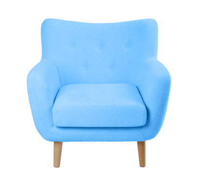 wide upholstered armchair with fabric upholstery on wooden legs in retro style, isolated on a white background