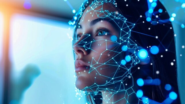 A woman's face is illuminated by the intricate dance of facial recognition algorithms, the blue glow of innovation casting a web of secure cybernetic connections.