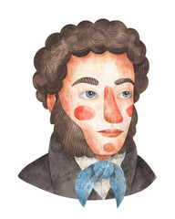 Watercolor cartoon portrait of man with whiskers. Russian poet Alexander Pushkin