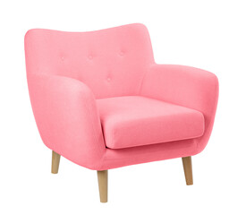 wide upholstered armchair with fabric upholstery on wooden legs in retro style, isolated on a white background