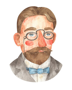 Watercolor cartoon portrait of man with vintage glasses and beard. Russian writer Anton Chekhov