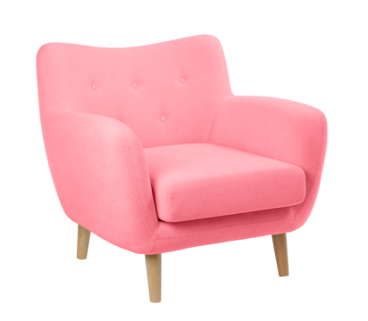 wide upholstered armchair with fabric upholstery on wooden legs in retro style, isolated on a white background