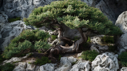 Juniper shrub as a focal point in a Japanese rock garden.