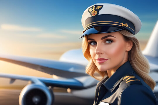 Confident and Beautiful Female Pilot Ready to Take Off in a Clear Blue Sky