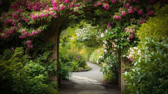 Honeysuckle archway creating a charming entrance in a cottage garden.