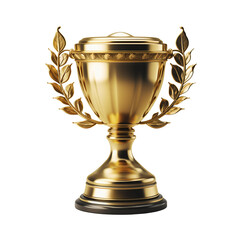 Golden trophy cup or champion cup with empty gold plate for your text. Champion first place in competition. 3D render. PNG with transparent background 