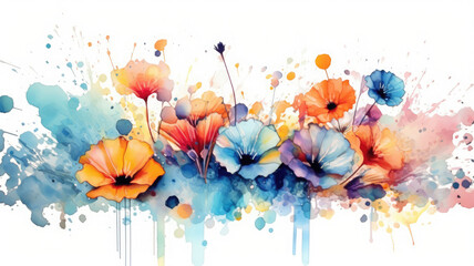Watercolor border wildflowers floral illustration: summer flower, blossom, poppies, chamomile, dandelions, cornflowers, lavender, violet, bluebell, clover, buttercup, butterfly. Generative AI