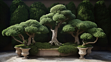 Juniper topiary meticulously shaped in a formal garden setting. 