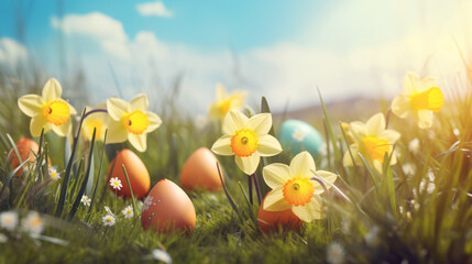 Easter eggs and daffodil flower