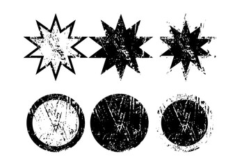 Conjunto de formas de estrella y de círculos con textura grunge. Recurso gráfico de estrellas sobre fondo transparente para diseños de pegatinas, logotipos, insignias, - obrazy, fototapety, plakaty