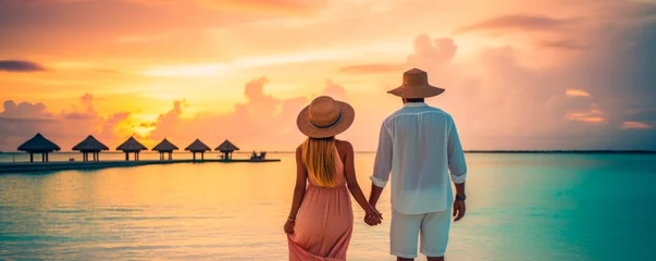Crédence de cuisine en verre imprimé Bora Bora, Polynésie française Romantic Bliss in the Maldives: A happy couple basks in the dreamy paradise of the Maldives, where every moment is infused with passion, cumplicity, and the serenity of a perfect vacation.