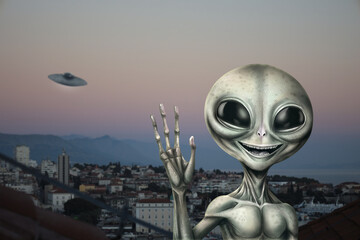 Alien and flying saucer at city. UFO, extraterrestrial visitors © New Africa