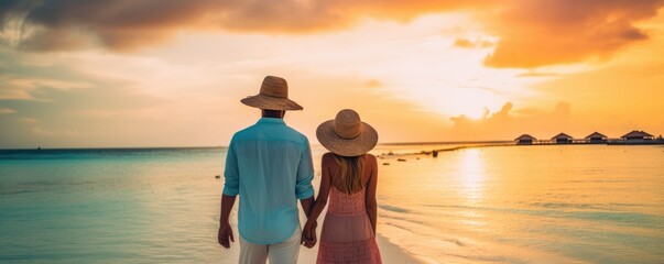 Romantic Bliss in the Maldives: A happy couple basks in the dreamy paradise of the Maldives, where every moment is infused with passion, cumplicity, and the serenity of a perfect vacation.