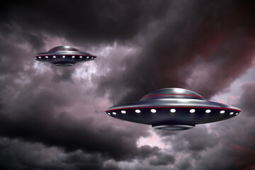 UFO. Alien spaceships among clouds in sky. Extraterrestrial visitors