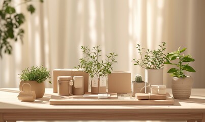 A desk adorned with packing materials and plants, arranged in minimalist grids against a beige backdrop, captures the essence of modern commercial product photography