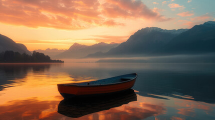 Solitary boat on a lake with a background of mountains in the distance at sunset