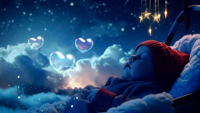 Lullaby For Babies video animation background looping. Cute baby sleep at night on cloud with stars, for live wallpaper