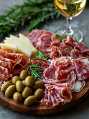 An exquisite board of starters with cold meats, cheeses, fruit and crackers Accompanied by a glass of wine. AI generative.