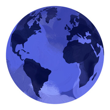 Ilustracion de La Tierra, globo terraqueo realizado en tonos azules con textura de acuarelas. Visión de Africa, Europa y America. Aislado con fondo transparente
