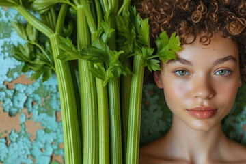 Fototapeta premium Portrait of a person with a stick of celery. Dieting and healthy eating
