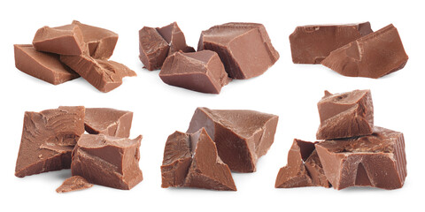 Pieces of tasty chocolate isolated on white, set