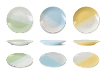Different clean plates isolated on white, set with different views