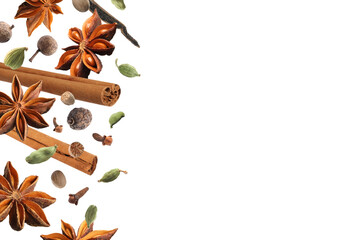 Different aromatic spices falling on white background