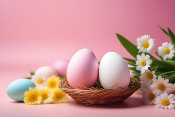 Obraz na płótnie Canvas Pink and white Easter eggs in a nest with chamomile flowers on a pink background