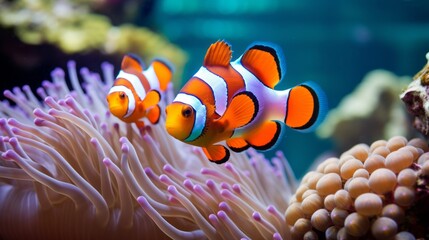 Close-up of cute clown fish, anemone fish (Amphiprion ocellaris) swimming near coral reefs in the ocean. Marine life, aquarium, animals, nature concepts.