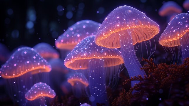 Fantasy mushrooms in the forest. 3d render illustration.